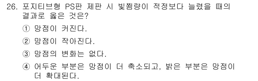 인쇄기능사 2016년 26번 - 정답 ②번으로, 망점이 작아진다는 것은 인쇄 시 빛의 세기가 증가함에 따... 에 관한 핵심 기출문제