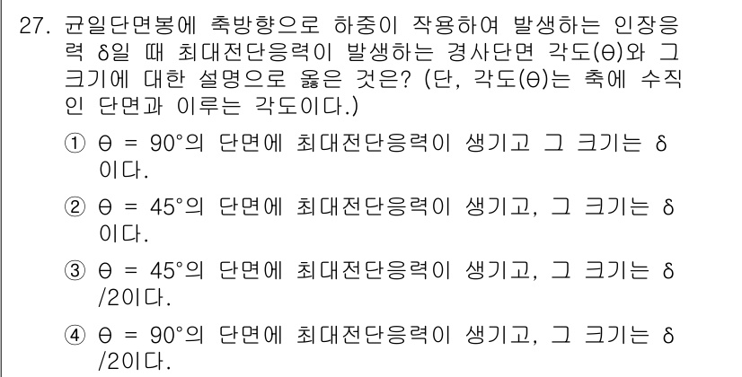 건설기계설비산업기사 2016년 27번 - 문제에서 주어진 조건에 따르면, 각도와 최대전단응력의 관계를 분석해야 합... 에 관한 핵심 기출문제
