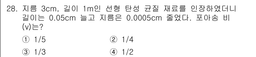 건설기계설비산업기사 2016년 28번 - 주어진 문제에서 선형 탄성 재료의 변형률을 구할 때, 변형량과 원래 길이... 에 관한 핵심 기출문제