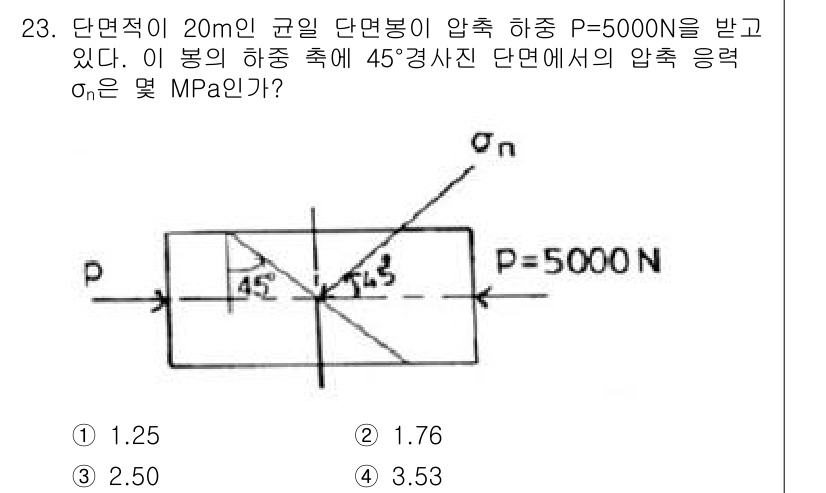 건설기계설비산업기사 2017년 23번 - 문제에서 주어진 하중 P와 각도를 고려하면, 단면적의 해석이 필요합니다.... 에 관한 핵심 기출문제