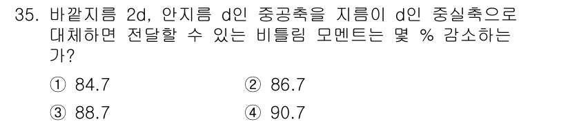 건설기계설비산업기사 2017년 36번 - 주어진 질문에서 바깥지름 d1과 안지름 d2의 관계를 통해 전달할 수 있... 에 관한 핵심 기출문제