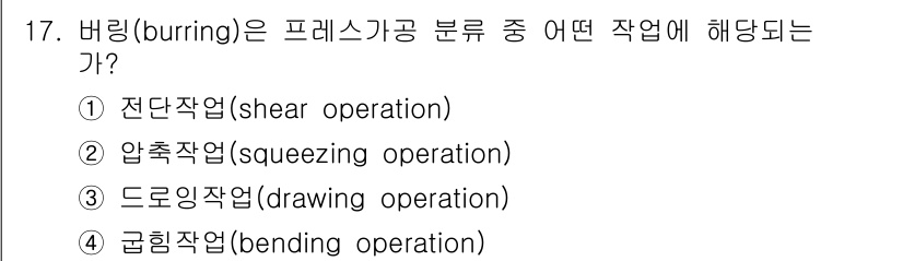 건설기계설비산업기사 2018년 17번 - 버링(burring)은 주로 재료의 가장자리나 표면에서 발생하는 찌꺼기나... 에 관한 핵심 기출문제