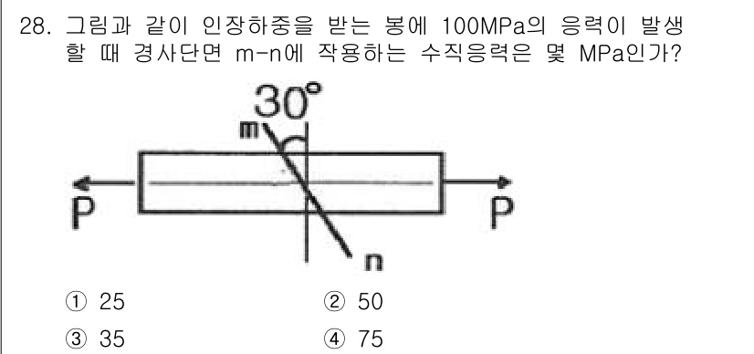건설기계설비산업기사 2018년 28번 - 문제에서 주어진 힘의 방향과 각도를 고려해야 합니다. 수직 응력은 응력의... 에 관한 핵심 기출문제