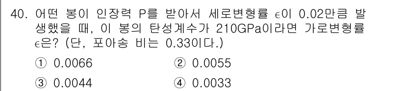 건설기계설비산업기사 2018년 40번 - 탄성계수는 변형률과 응력의 비율로 정의되며, 주어진 조건에서 변형률 ε와... 에 관한 핵심 기출문제