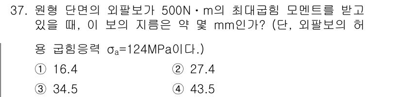 건설기계설비산업기사 2019년 37번 - 문제를 해결하기 위해 외팔보의 최대 굽힘 모멘트를 계산해야 합니다. 최대... 에 관한 핵심 기출문제