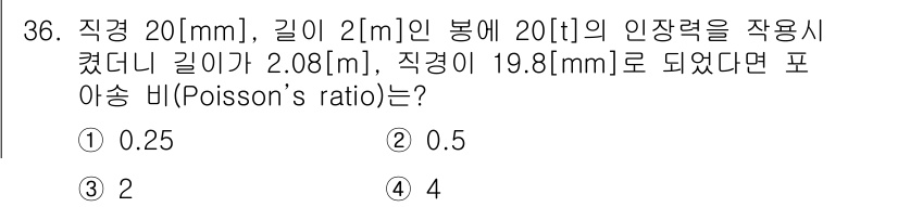 전기철도기사 2015년 36번 - 포아송 비(비율)는 소성 변형 동안 가로 방향과 세로 방향의 변형률 비율... 에 관한 핵심 기출문제