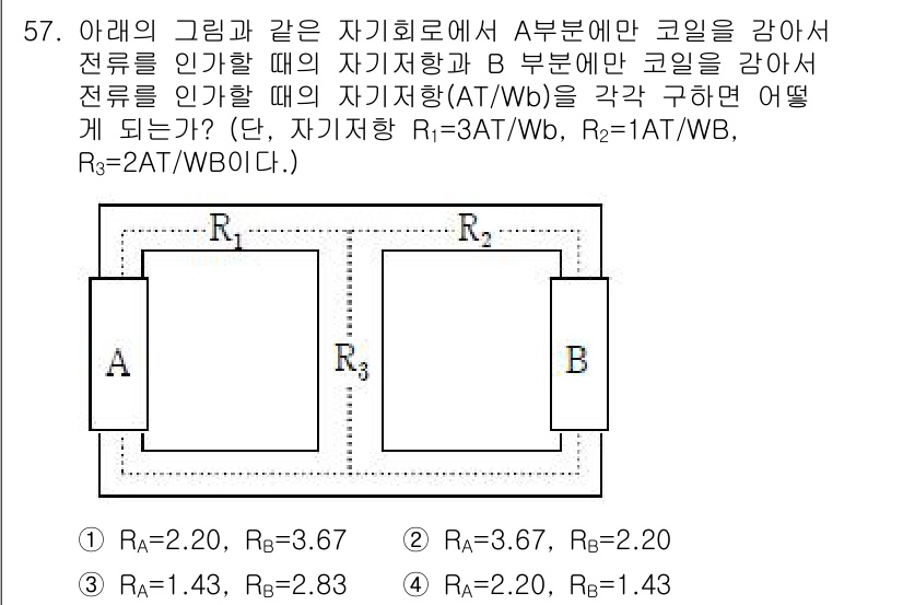 전기철도기사 2015년 57번 - 주어진 회로에서 A 부문에만 코일을 감았을 때, 자계의 세기는 R3의 영... 에 관한 핵심 기출문제