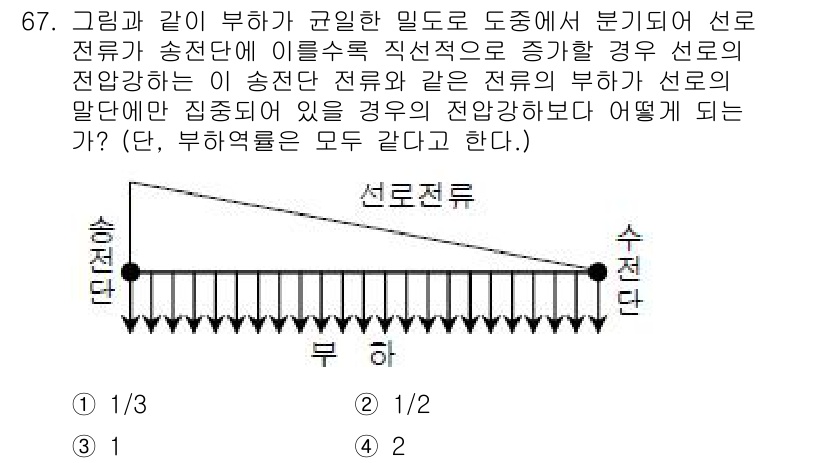 전기철도기사 2016년 67번 - 부하가 선로 전류를 송전하기 때문에, 전류가 흐르는 방향에 따라 전압강하... 에 관한 핵심 기출문제