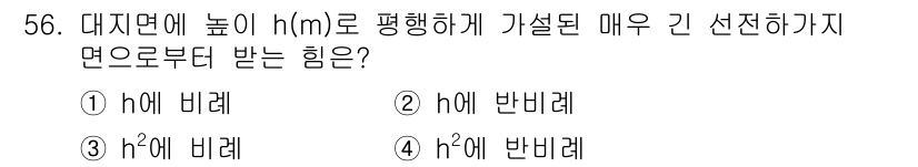 전기철도기사 2018년 56번 - 대지면 높이 \( h \)로 평행하게 가설된 매우 긴 선전하가지면에서 받... 에 관한 핵심 기출문제