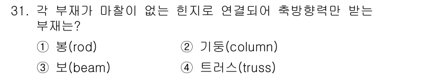 전기철도기사 2019년 31번 - 정답은 4번 트러스(truss)입니다. 트러스는 여러 개의 삼각형으로 구... 에 관한 핵심 기출문제