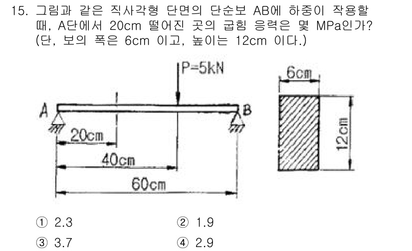 기계설계기사 2015년 15번 - 이 문제는 직사각형 단면을 가진 보에서 하중이 작용할 때의 응력을 계산하... 에 관한 핵심 기출문제