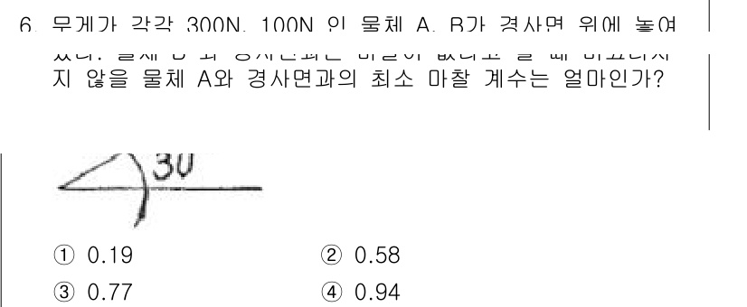 기계설계기사 2015년 6번 - 물체 A와 B의 힘이 작용하는 각도가 주어져 있으므로, 최소 마찰 계수는... 에 관한 핵심 기출문제