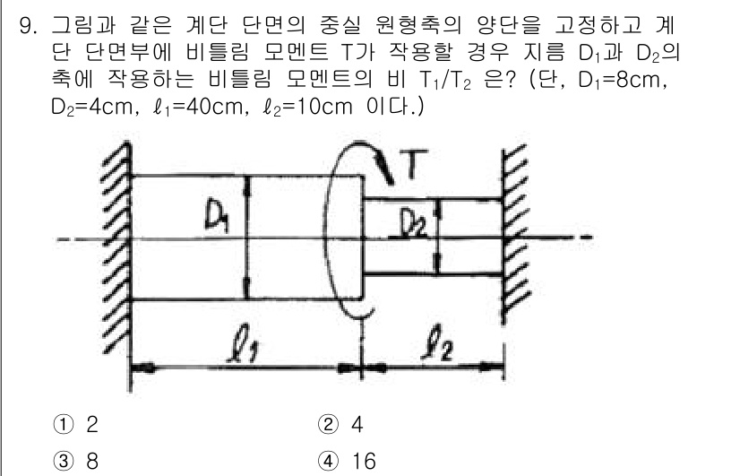 기계설계기사 2015년 9번 - 문제에서 비틀림 모멘트의 비를 구하기 위해 비틀림 강도를 활용합니다. 각... 에 관한 핵심 기출문제