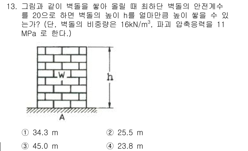 기계설계기사 2016년 13번 - 주어진 문제에서 벽돌의 압축응력과 비중을 이용하여 최대 높이를 계산할 수... 에 관한 핵심 기출문제