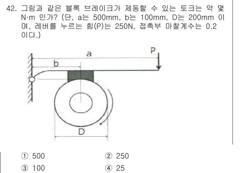 기계설계기사 2016년 42번 - 토크(T)는 힘(F)과 힘의 작용선에서 회전축까지의 거리(r)로 계산됩니... 에 관한 핵심 기출문제