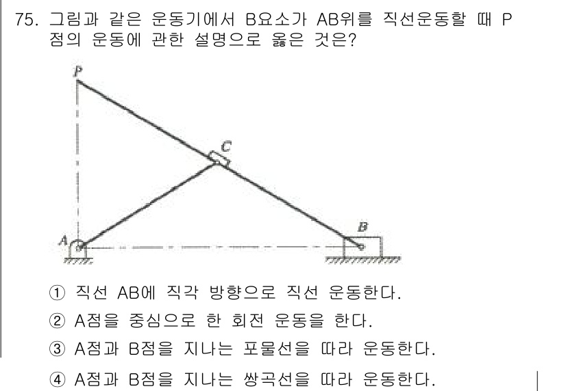 기계설계기사 2016년 75번 - . 

A와 B의 운동을 보면, AB가 직선 경로로 이동하므로 B가 A를... 에 관한 핵심 기출문제