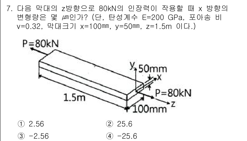 기계설계기사 2017년 7번 - 이 문제는 80 kN의 인장력이 작용하는 샘플의 변형률을 계산하는 문제입... 에 관한 핵심 기출문제