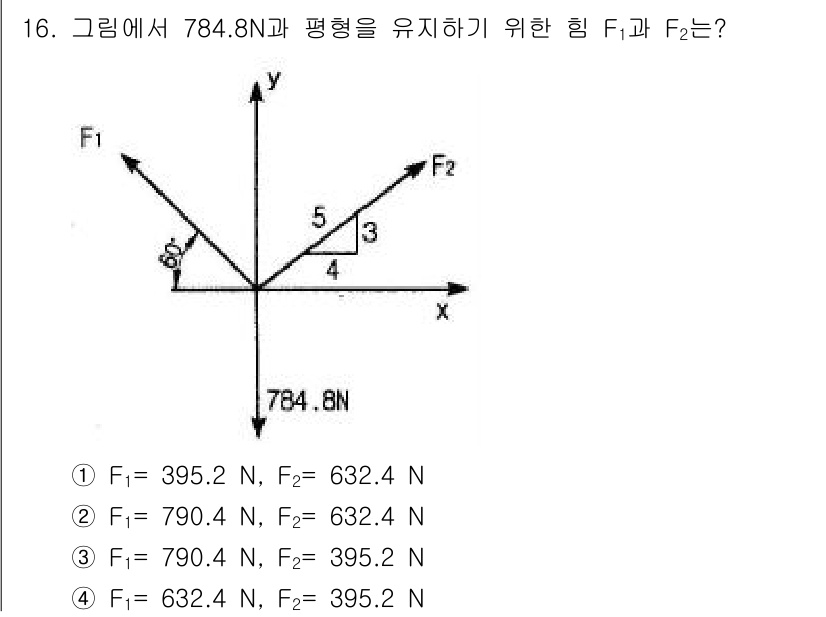 기계설계기사 2018년 16번 - 문제에서 주어진 784.8 N의 힘을 평형 상태로 유지하기 위해서는, 두... 에 관한 핵심 기출문제