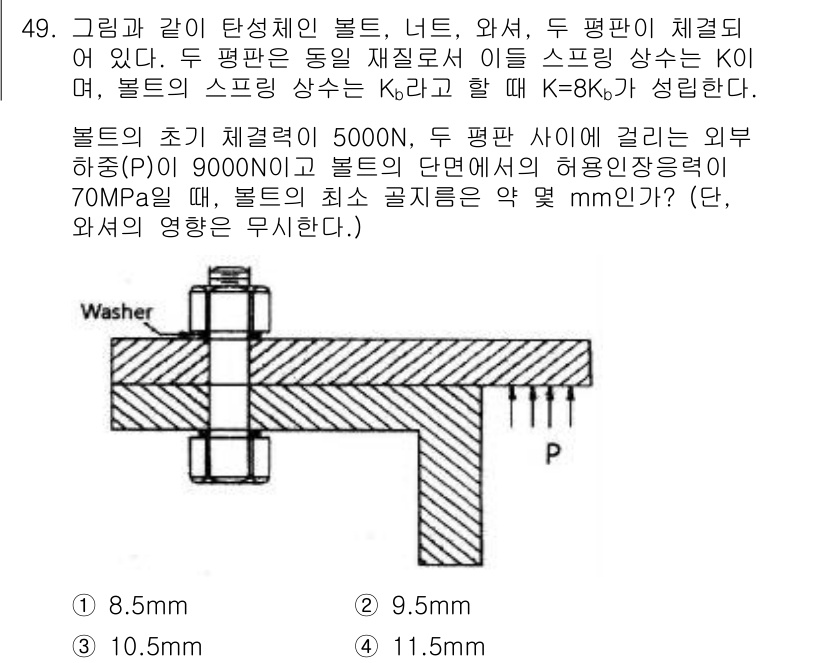 기계설계기사 2018년 49번 - 문제에서 주어진 정보에 따르면, 볼트의 강도와 둘 다 사용되는 경우의 하... 에 관한 핵심 기출문제