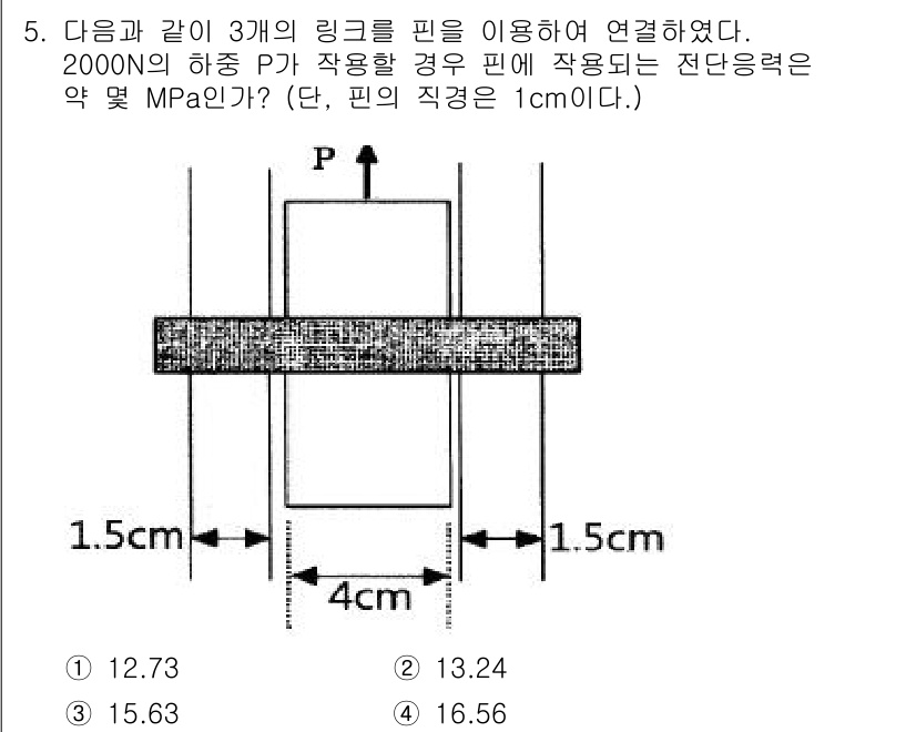 기계설계기사 2018년 5번 - 전단응력은 힘을 면적에 나누어 계산합니다. 주어진 힘 2000N을 링의 ... 에 관한 핵심 기출문제