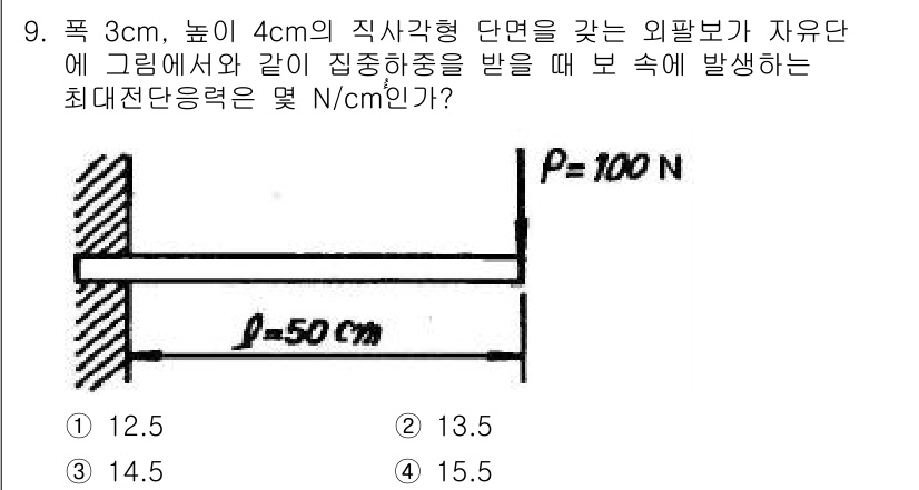 기계설계기사 2018년 9번 - 주어진 문제에서 중간에 위치한 하중에 의해 발생하는 최대 전단 응력을 구... 에 관한 핵심 기출문제