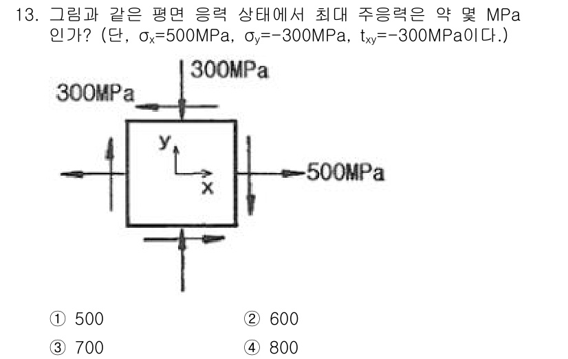 기계설계기사 2019년 13번 - 최대 주응력은 평면 응력 상태에서 주응력 공식에 따라 계산할 수 있습니다... 에 관한 핵심 기출문제