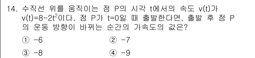 경찰공무원(순경)_수학 2017년 14번 - 점 P의 속도 함수 \( v(t) = 8 - 2t^2 \)에서 \( t=... 에 관한 핵심 기출문제