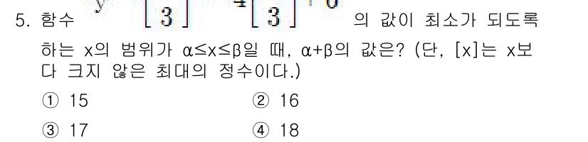 경찰공무원(순경)_수학 2017년 5번 - 주어진 문제는 주어진 범위 안에서 x의 값에 대해 α와 β의 합이 최소가... 에 관한 핵심 기출문제