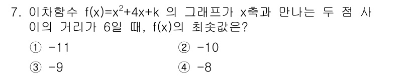 경찰공무원(순경)_수학 2017년 7번 - 주어진 함수 \( f(x) = x^2 + 4x + k \)의 그래프는 포... 에 관한 핵심 기출문제