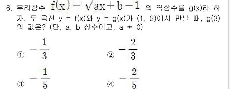 경찰공무원(순경)_수학 2019년 6번 - 주어진 함수 \( f(x) = \sqrt{ax + b} - 1 \)에서 ... 에 관한 핵심 기출문제