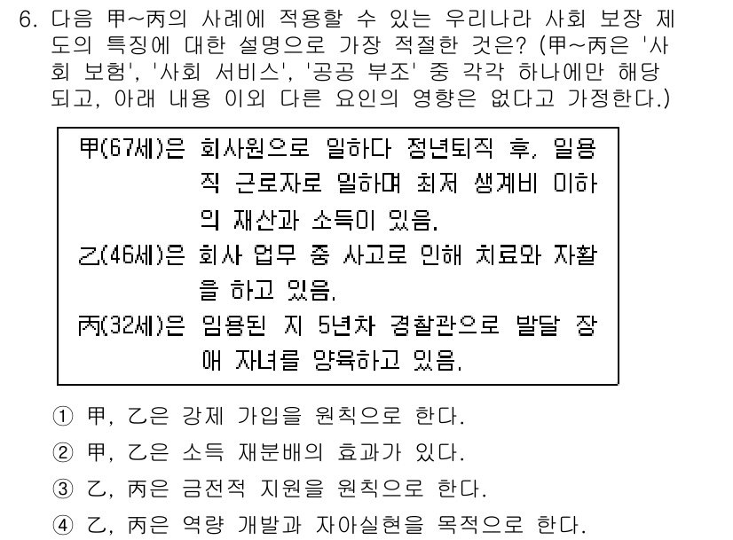 경찰공무원(순경)_사회 2017년 6번 - 정답 2번은 사회 보장 제도의 주요 특성과 관련이 있습니다. 사회 보장은... 에 관한 핵심 기출문제