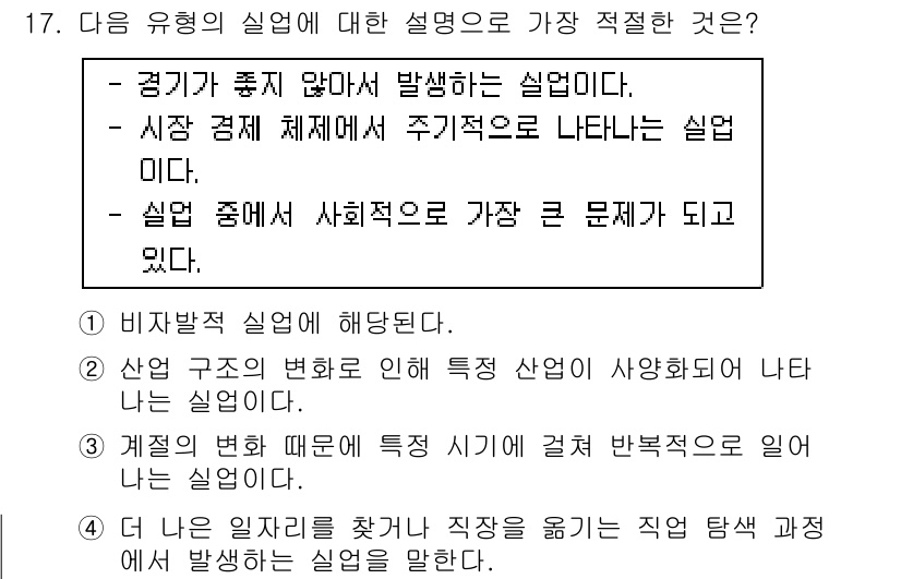 경찰공무원(순경)_사회 2018년 17번 - . 

경기가 좋지 않으면 실업이 발생하고, 이는 사회적 문제로 이어진다... 에 관한 핵심 기출문제