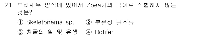 수산양식기사 2019년 21번 - Zoea는 어린 보리새우의 유생 단계로, 주로 미세 해조류와 같은 플랑크... 에 관한 핵심 기출문제