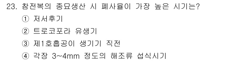 수산양식기사 2019년 23번 - 정답은 3번인 "제1호흡공이 생기기 직전"입니다. 참전복의 종모생산 시 ... 에 관한 핵심 기출문제