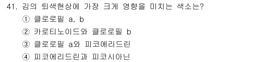 수산양식기사 2019년 41번 - 김의 퇴색현상에 가장 큰 영향을 미치는 색소는 클로로필 a와 피코에리드린... 에 관한 핵심 기출문제