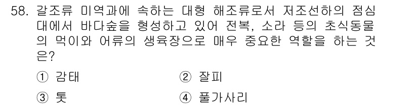 수산양식기사 2019년 58번 - . 

갈조류는 해수에서 중요한 생태계를 형성하며, 조류와 해양 생물의 ... 에 관한 핵심 기출문제
