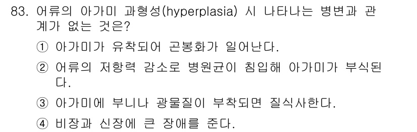 수산양식기사 2019년 83번 - . 아귀에 부니나 광물질이 부족하면 질식한다.

해설: 아귀에 부니와 광... 에 관한 핵심 기출문제