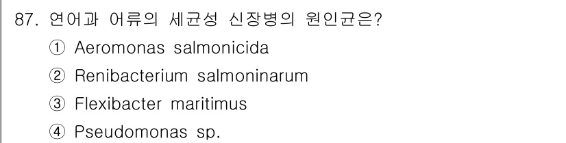 수산양식기사 2019년 87번 - 정답은 ② Renibacterium salmoninarum입니다. 이 균... 에 관한 핵심 기출문제