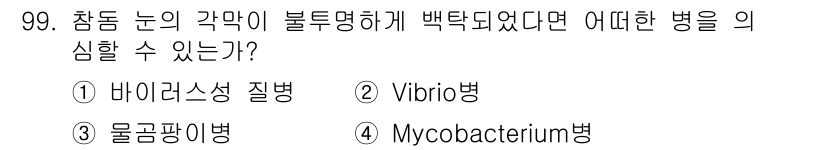 수산양식기사 2019년 99번 - . Vibrio병.  
Vibrio병은 해양 환경에서 발생하며, 수산 양... 에 관한 핵심 기출문제