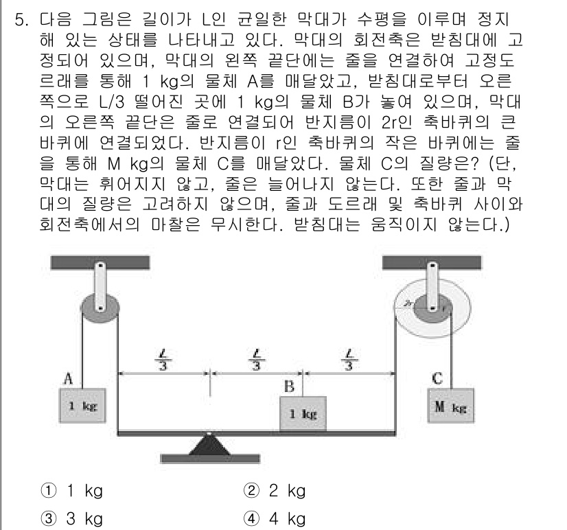경찰공무원(순경)_과학 2016년 5번 - 주어진 문제에서 막대기의 위치와 힘의 균형을 고려할 때, 오른쪽으로 기울... 에 관한 핵심 기출문제
