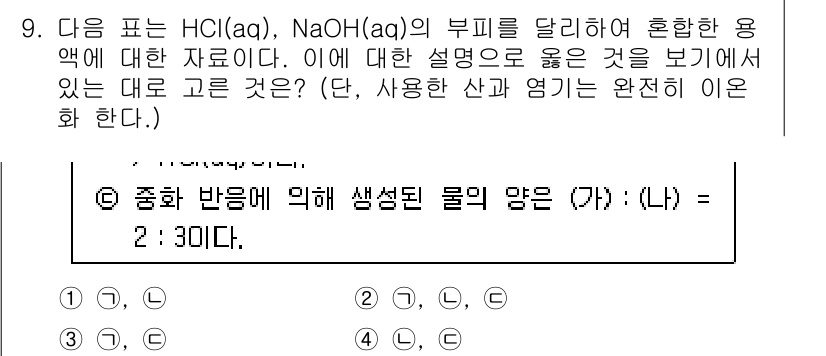 경찰공무원(순경)_과학 2016년 9번 - HCl과 NaOH의 부피 비율이 2:3일 때, 반응의 완전성을 고려하면 ... 에 관한 핵심 기출문제