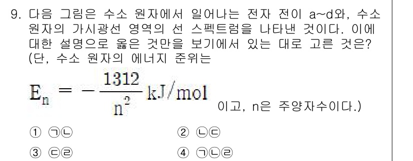 경찰공무원(순경)_과학 2018년 9번 - 정답 4번은 전자의 에너지 준위가 수소 원자에서 주양자 수 \( n \)... 에 관한 핵심 기출문제
