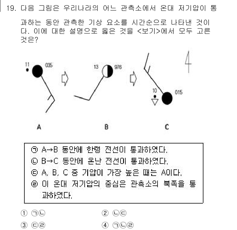 경찰공무원(순경)_과학 2019년 19번 - 주어진 그림에서 A, B 간의 저기압 이동을 나타내고 있습니다. 동압선 ... 에 관한 핵심 기출문제