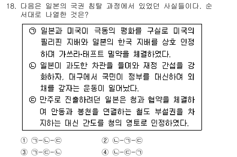 경찰공무원(순경)_한국사 2018년 18번 - . 일본과 미국이 극동의 평화를 구상하며 일본의 한국 지배를 승인했다는 ... 에 관한 핵심 기출문제