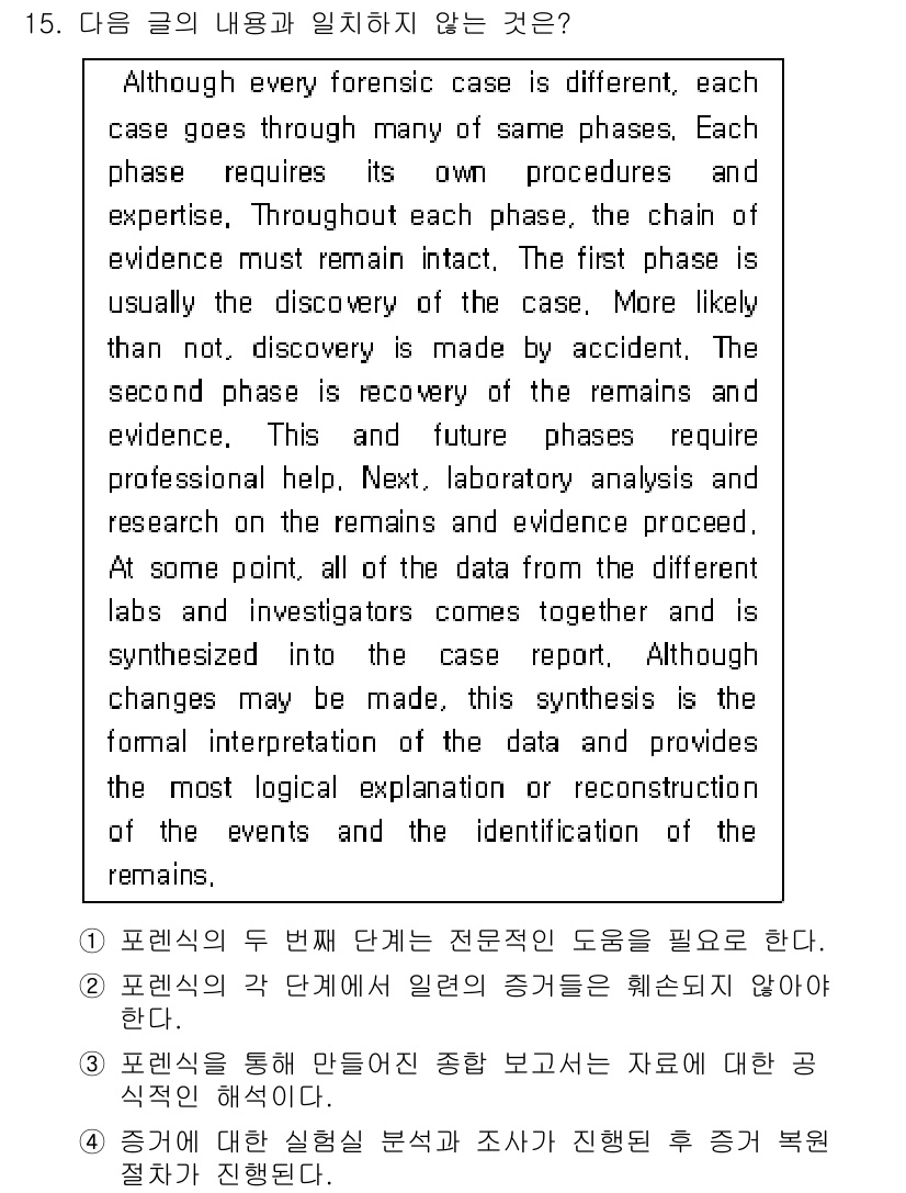 경찰공무원(순경)_영어 2016년 15번 - . 

사건이 발생한 후 증거를 수집하고 분석하는 과정에서 각 단계마다 ... 에 관한 핵심 기출문제