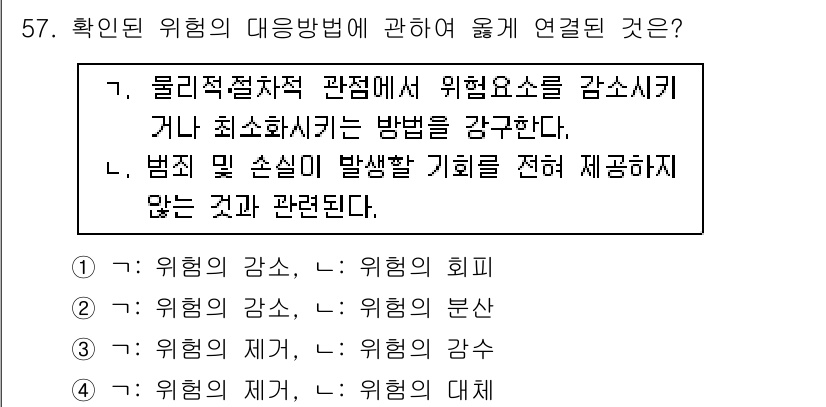 경비지도사_1차(법학개론,민간경비론) 2019년 57번 - . 

위험의 감소는 위험 요소를 감시하고 최소화하는 방법을 포함하며, ... 에 관한 핵심 기출문제