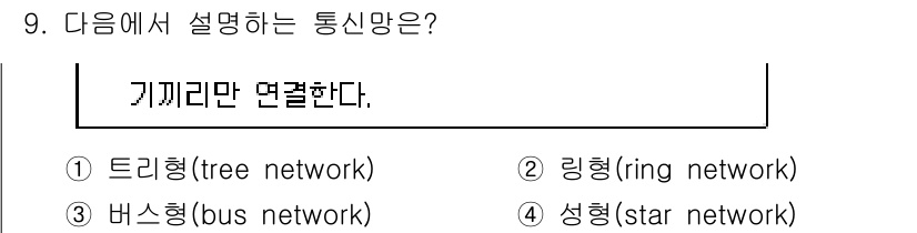 경비지도사_2차(기계경비개론) 2016년 9번 - 정답은 2번 '링형(ring network)'이다. 링형 통신망에서는 각... 에 관한 핵심 기출문제