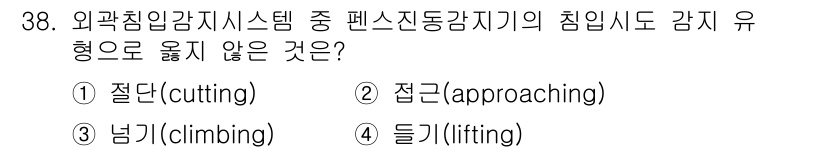 경비지도사_2차(기계경비개론) 2017년 38번 - 외곽침입감지시스템에서 펜스 반동장치의 침입도 유형은 일반적으로 접근, 넘... 에 관한 핵심 기출문제