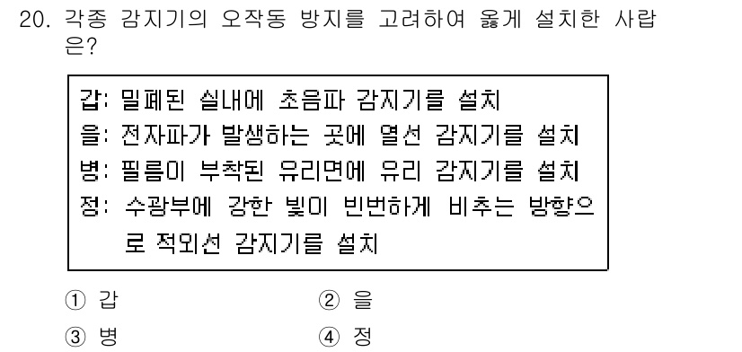 경비지도사_2차(기계경비기획및설계) 2018년 20번 - . 

밀폐된 실내에 초음파 감지기를 설치하는 것이 가장 적절합니다. 초... 에 관한 핵심 기출문제