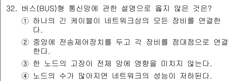 경비지도사_2차(기계경비기획및설계) 2018년 32번 - 버스(BUS)형 통신망에서 모든 장비가 동일한 버스에 연결되므로, 각 장... 에 관한 핵심 기출문제